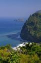 Overlook of the Pacific Ocean and a black sand beach at Pololu Valley on the east coast of Kohala Mountain on the Big Island of Hawaii, USA.
