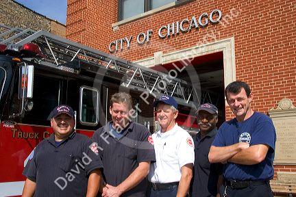 City of Chicago Fire Department station and crew in Chinatown Chicago, Illinois.