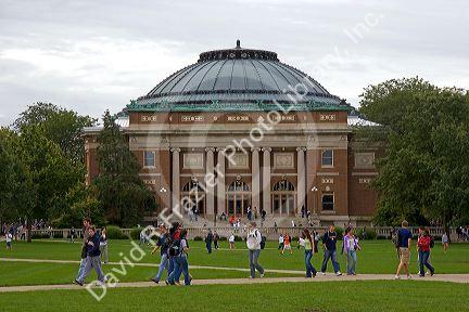 Soelinger Auditorium and students on the campus of the University of Illinois, Champaign.