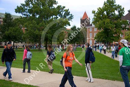 Students walk on the campus of the University of Illinois at Champaign.