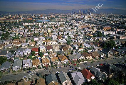 Aerial view of downtown Los Angeles, California with the south central area in the foreground.