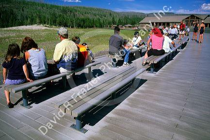 Recycled plastic used for lumber at Old Faithful visitor center in Yellowstone National Park, Wyoming.recycled, plastic, lumber, decking, benches, visitors, tourists, travel, yellowstone, national park, wyoming