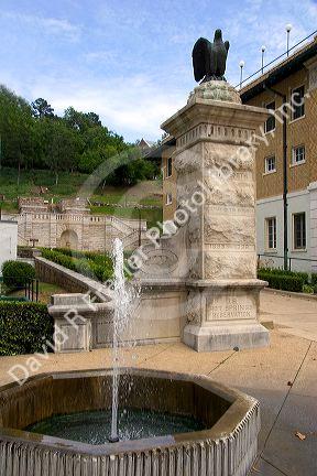 Entrance to National Park in Hot Springs, Arkansas.historic, historic buildings, historic town, bath house, bathhouse, hot springs, arkansas, hot springs national park, entrance, fountain, eagle