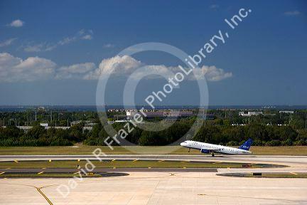 Airbus 320 airplane taking off from Tampa International Airport, Tampa, Florida.