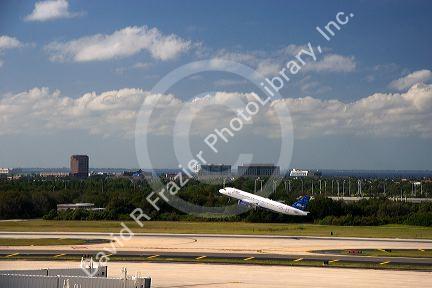 Airbus 320 airplane taking off from the Tampa International Airport, Tampa, Florida.