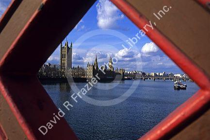 A view of the Parliament Building and the River Thames in London, England. Circa 1975
