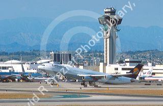 Airbus airplane taking off from LAX airport in Los Angeles, California.
