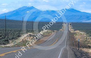 Desert forground and mountain background in extreme south east Oregon looking south on U.S. Highway 95.
