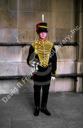 Household Guardsman at horse guard barracks in London, England.