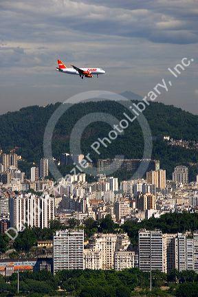 Airplane flying over Rio de Janeiro, Brazil.