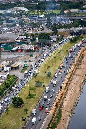 Aerial view of traffic on highways in Sao Paulo, Brazil.