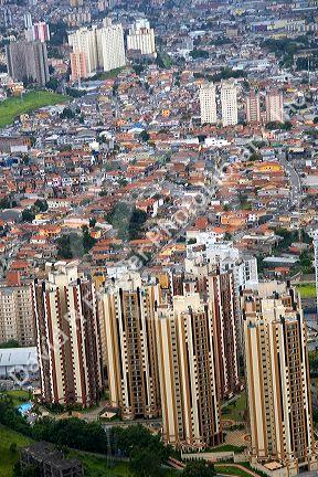 Aerial view of housing and apartment buildings in Sao Paulo, Brazil.