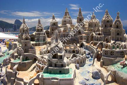 A large sandcastle on the Copacabana Beach in Rio de Janeiro, Brazil.