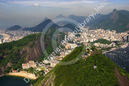 View of Rio de Janeiro from a cable car on Sugarloaf Peak, Brazil.