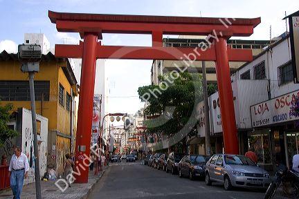 Japanese style arch in the Liberdade asian section of Sao Paulo, Brazil.