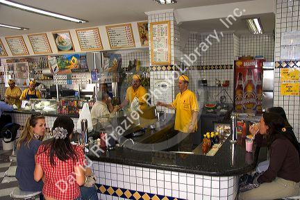 Lanchanette, cafe, restaurant in the Liberdade asian section of Sao Paulo, Brazil.