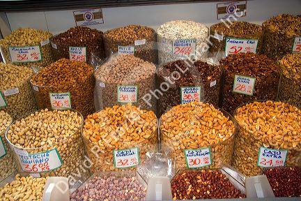 A variety of nuts being sold at the Mercado Municipal in Sao Paulo, Brazil.