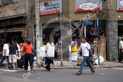 Walking street and store fronts in Sao Paulo, Brazil.
