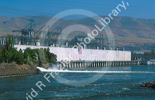 The Dalles Dam on the Columbia River, Oregon.   The dam on the Columbia River between Oregon and Washington  is operated by the Bonneville Power Administration.