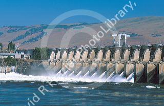 The Dalles Dam on the Columbia River, Oregon.   The dam on the Columbia River between Oregon and Washington  is operated by the Bonneville Power Administration.