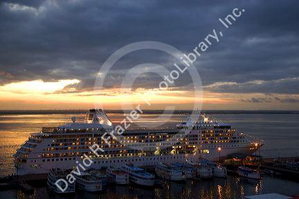 A cruise ship Seven Seas Mariner at sunset docked in Manaus, Brazil.