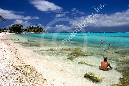 People swim in the lagoon on the island of Moorea.