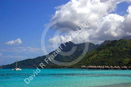 Grass hut bungalows and sailboat anchored in the lagoon on the island of Moorea.