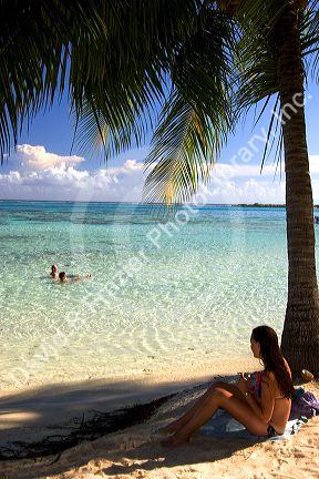 Beach scene with lagoon and palm tree on the island of Moorea. MR