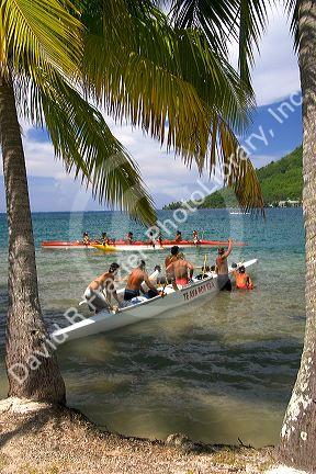 Tahitians participate in an outrigger canoe pirogue race on the island of Moorea.
