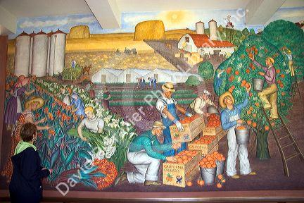 Woman viewing a mural in the interior of the Coit Tower at San Francisco, California.