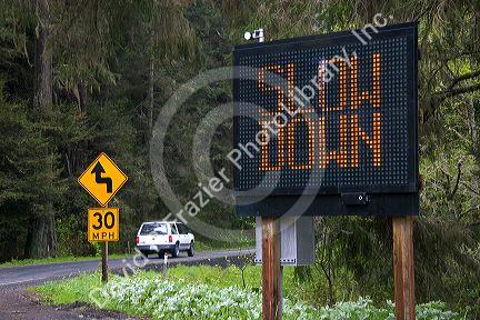 Radar operated digital road sign warning motoists to slow down on U.S. 101 north of Eureka, California.