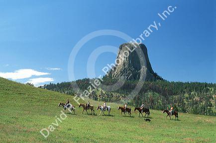 Tourists riding horses in front of Devils Tower National Monument, Wyoming.