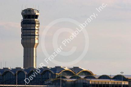 Air traffic control tower and terminal at Washington Reagan airport.