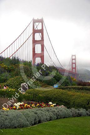 A view of the Golden Gate Bridge with fog in San Francisco, California.