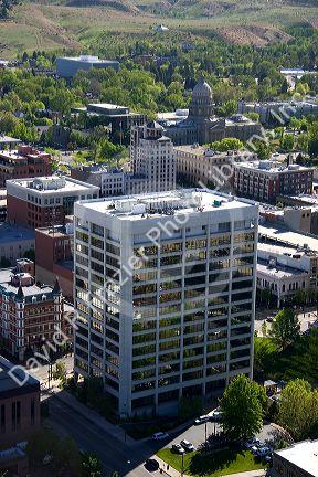 Aerial view of the One Capitol Center Building in downtown Boise, Idaho.