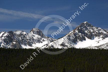 Snowy mountain peaks are a part of the Sawtooth Mountain range in Idaho.