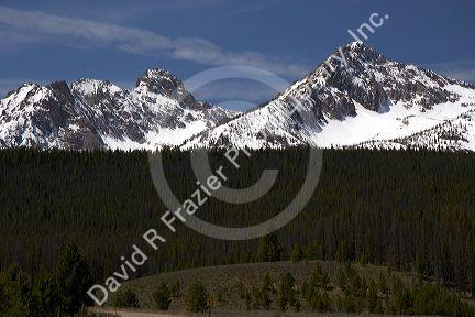 Snowy mountain peaks are a part of the Sawtooth Mountain range in Idaho.