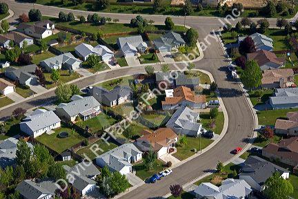 Aerial view of suburban homes in Columbia Village subdivision, Boise, Idaho.