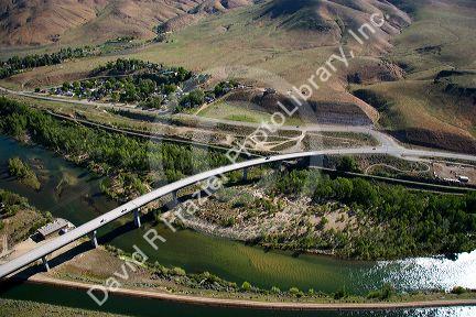 Aerial view of the boise river and Highway 21 bridge crossing in Boise, Idaho.