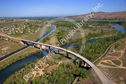 Aerial view of highway 21 bridge crossing the Boise River in Boise, Idaho.