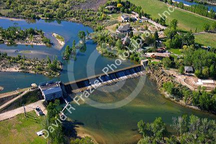 Aerial view of historic Barber Dam on the Boise River in Boise, Idaho.