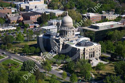 Aerial view of the Idaho State Capitol Building in Boise, Idaho.