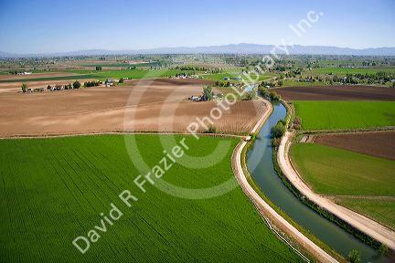 Aerial view of farmland and an irrigation canal in Canyon County, Idaho.