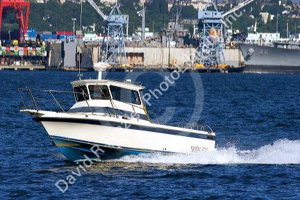 Motorized boat in Elliott Bay at Seattle, Washington.