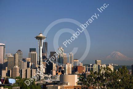A view of the city of Seattle with Mount Rainier in the background in Washington.