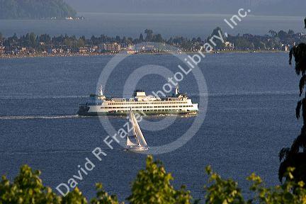 Washington State Ferry Boat in Elliott Bay at Seattle, Washington.