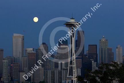 Full moon over the city of Seattle, Washington.
