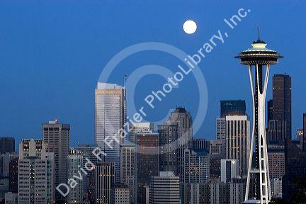 A full moon over the city of Seattle, Washington.