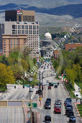 Capitol Boulevard, Downtown Boise and the Idaho State Capitol Building.
