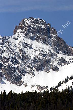 Snowy mountain peak is part of the Sawtooth Mountain range in Idaho.